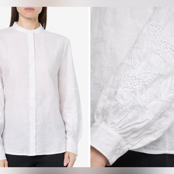 Club Monaco Tops - Club Monaco Linen Embroidered Blouson Sleeve Top XS White Minimalist Romantic